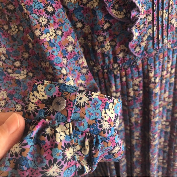 Vintage Ruffles Pleats Floral Dress Long Sleeve Colorful Fuchsia Lavender Silky - Picture 6 of 16